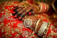 Close-up of ornate henna designs and traditional jewelry on a bride's hands, highlighting Indian wedding elegance.